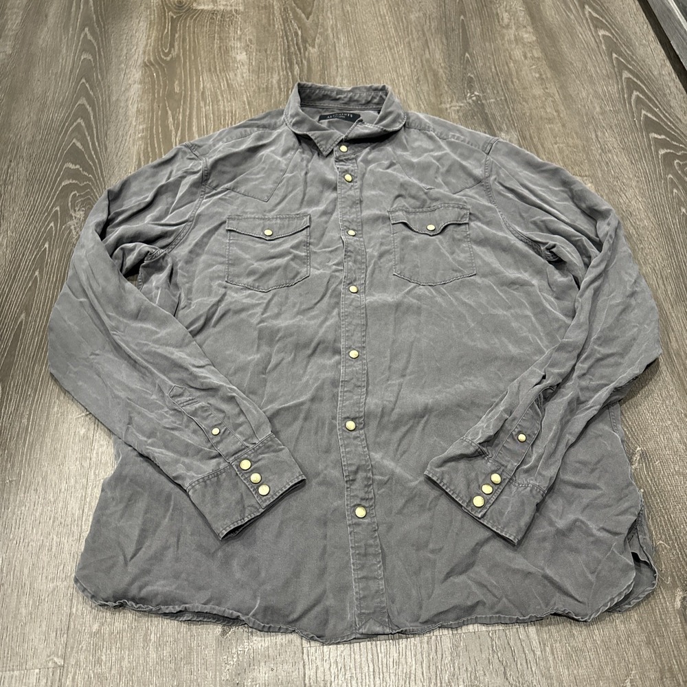 AllSaints Mens Long Sleeve Shirt XXL Pearl Snap Button Grey Lyocell Summer